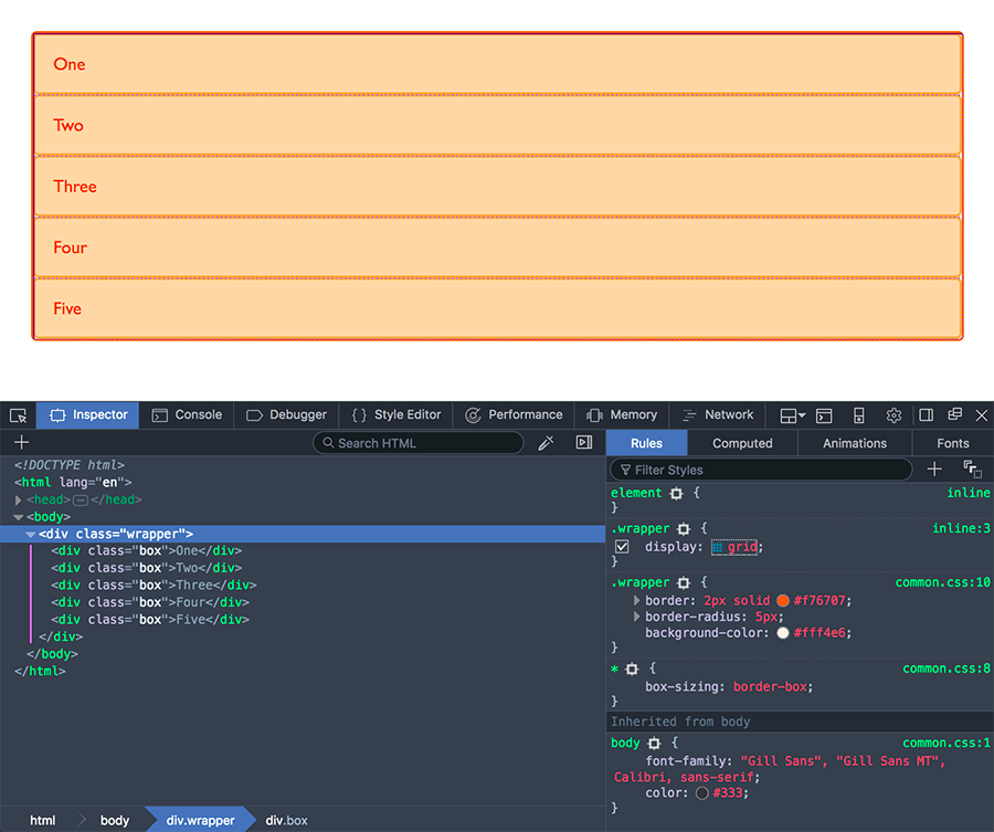 Using the Grid Highlighter in DevTools to view a grid
