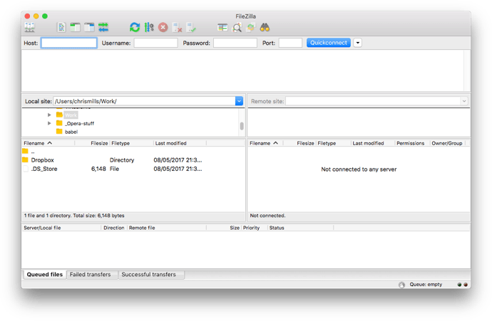 FileZilla FTP アプリケーションのユーザーインターフェイスのスクリーンショット。ホスト入力にフォーカスがあります。