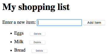このデモでは、買い物リストのレイアウトを掲載しています。my shopping list」のヘッダーが続き、「Enter a new item」に入力フィールドと「add item」ボタンがあります。すでに追加された項目のリストは以下の一覧で、それぞれに対応する削除ボタンがあります。