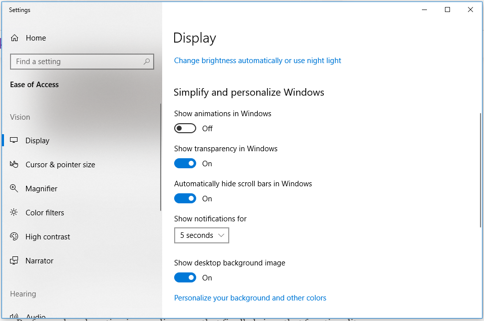 Windows10 でアニメーションをオフにする方法を示す画面。